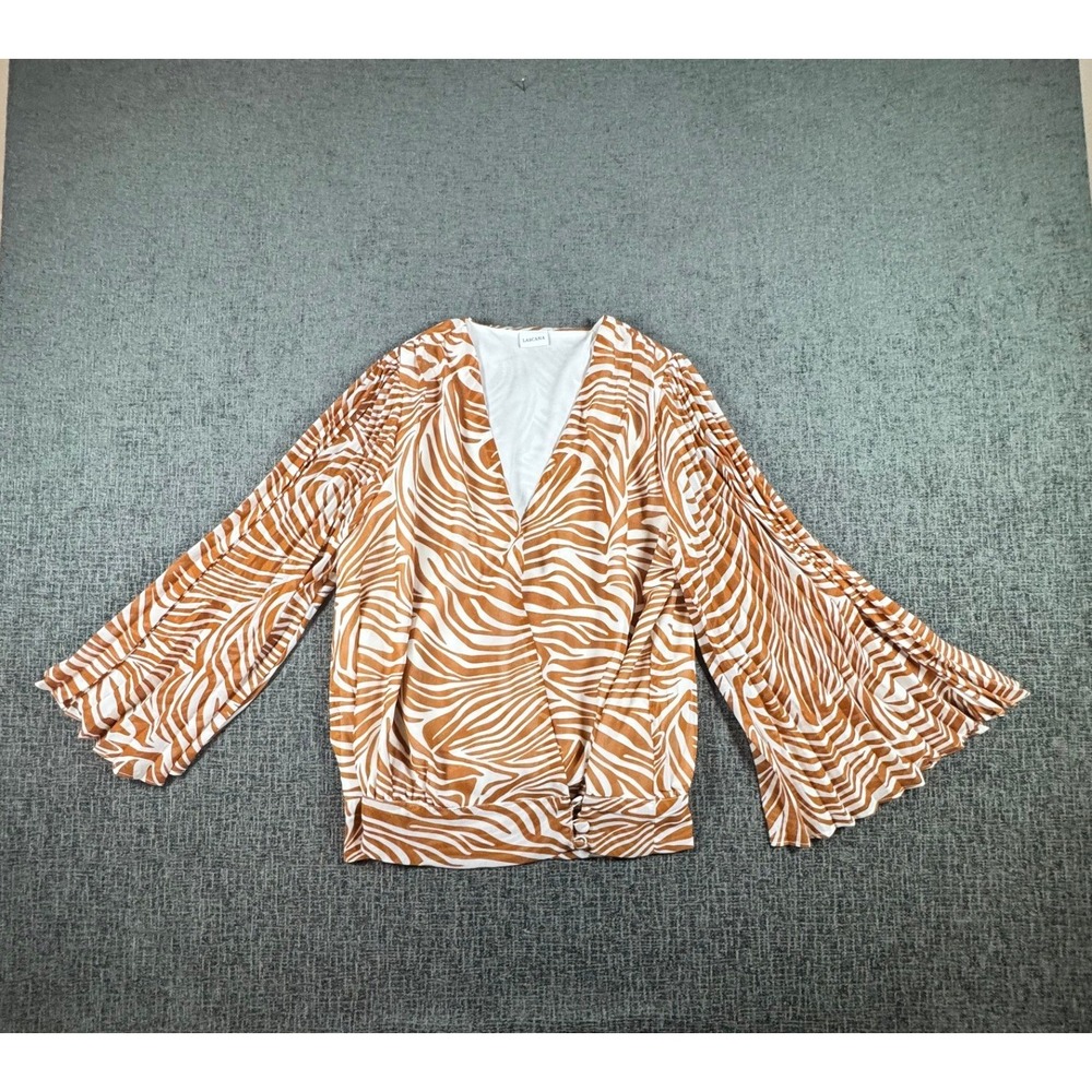 Lascana Zebra Print Surplice Top Brown White Pleated Accordion Sleeve Small